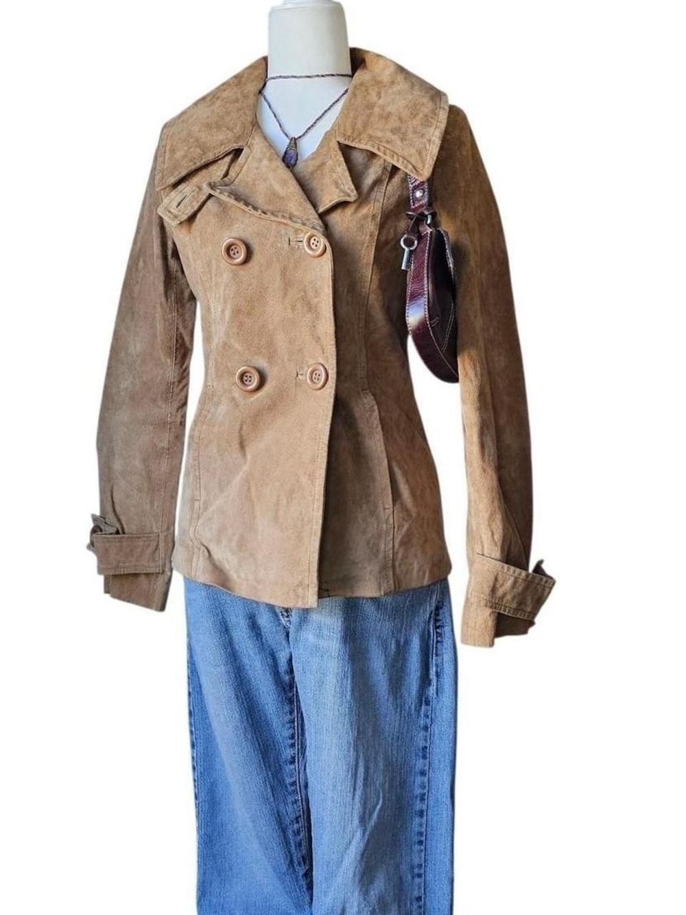 Women’s Double-Breasted Suede Leather Peacoat Jacket - Brown Small
